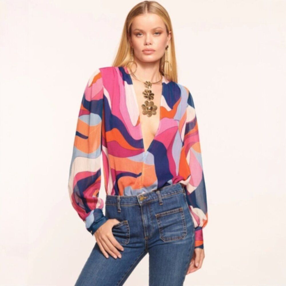 Ramy Brook Seirin V-Neck Bodysuit in Rose Wave Print - XS